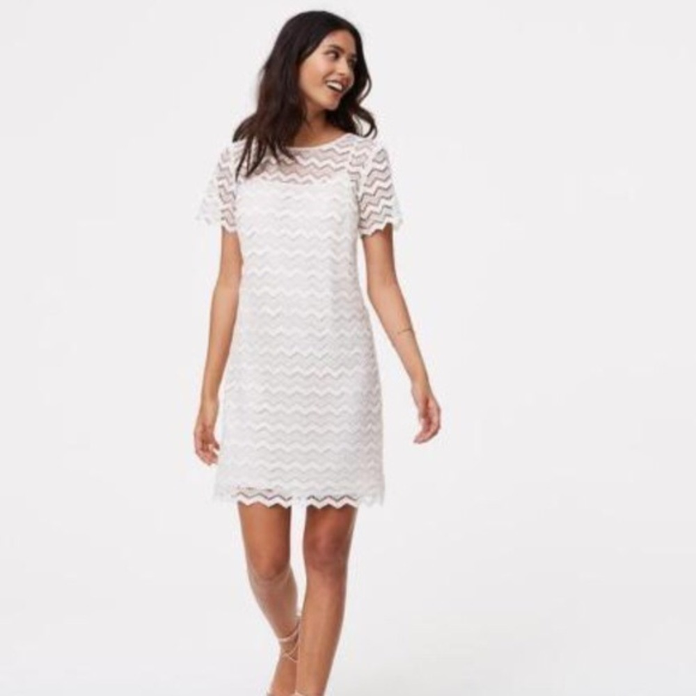 𝅺loft Short Sleeve Ivory Chevron Lace Shift…